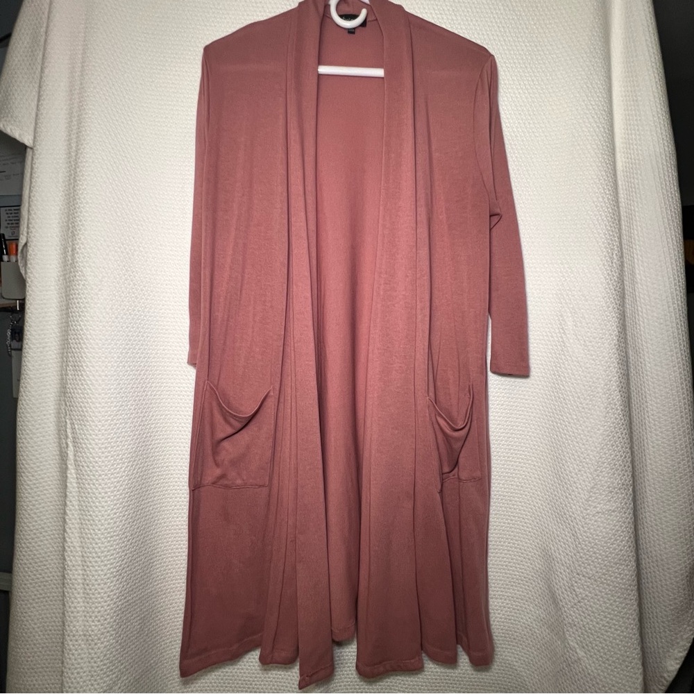 Olivia Blu Women's Dusty Rose Open Front Long Style Cardigan Size L 3/4 Sleeves